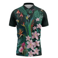 Hawaii Hummingbird Tropical Flowers Zipper Polo Shirt Dark Green