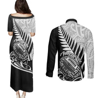 New Zealand Silver Fern Rugby Couples Matching Puletasi Dress and Long Sleeve Button Shirts Aotearoa Maori Black Version LT01 - Polynesian Pride