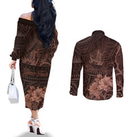 Bula Fiji Masi Couples Matching Off The Shoulder Long Sleeve Dress and Long Sleeve Button Shirt Fijian Tapa Vintage Dark Brown Version LT01 - Polynesian Pride