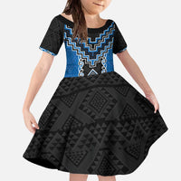 Blue Niho Taniwha Mix Poutama Family Matching Off The Shoulder Long Sleeve Dress and Hawaiian Shirt Unique Taniko Aotearoa LT01 Daughter's Dress Blue - Polynesian Pride