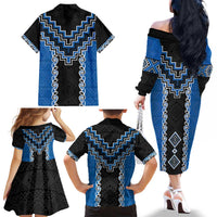Blue Niho Taniwha Mix Poutama Family Matching Off The Shoulder Long Sleeve Dress and Hawaiian Shirt Unique Taniko Aotearoa LT01 - Polynesian Pride