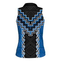 Blue Niho Taniwha Mix Poutama Women Sleeveless Polo Shirt Unique Taniko Aotearoa