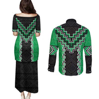 Green Niho Taniwha Mix Poutama Couples Matching Puletasi and Long Sleeve Button Shirt Unique Taniko Aotearoa