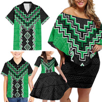 Green Niho Taniwha Mix Poutama Family Matching Off Shoulder Short Dress and Hawaiian Shirt Unique Taniko Aotearoa LT01 - Polynesian Pride