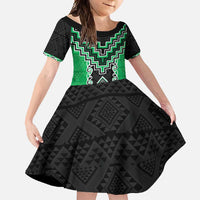 Green Niho Taniwha Mix Poutama Family Matching Short Sleeve Bodycon Dress and Hawaiian Shirt Unique Taniko Aotearoa LT01 Daughter's Dress Green - Polynesian Pride