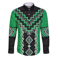 Green Niho Taniwha Mix Poutama Family Matching Tank Maxi Dress and Hawaiian Shirt Unique Taniko Aotearoa LT01 Dad's Shirt - Long Sleeve Green - Polynesian Pride