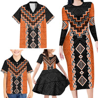 Orange Niho Taniwha Mix Poutama Family Matching Long Sleeve Bodycon Dress and Hawaiian Shirt Unique Taniko Aotearoa LT01 - Polynesian Pride