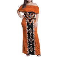 Orange Niho Taniwha Mix Poutama Family Matching Off Shoulder Maxi Dress and Hawaiian Shirt Unique Taniko Aotearoa LT01 Mom's Dress Orange - Polynesian Pride