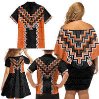 Orange Niho Taniwha Mix Poutama Family Matching Off Shoulder Short Dress and Hawaiian Shirt Unique Taniko Aotearoa LT01 - Polynesian Pride