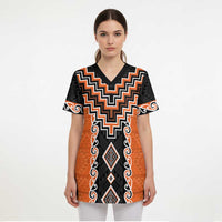 Orange Niho Taniwha Mix Poutama Scrub Top Unique Taniko Aotearoa - Polynesian Pride
