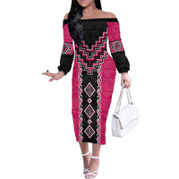 Pink Niho Taniwha Mix Poutama Family Matching Off The Shoulder Long Sleeve Dress and Hawaiian Shirt Unique Taniko Aotearoa LT01 Mom's Dress Pink - Polynesian Pride
