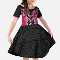 Pink Niho Taniwha Mix Poutama Family Matching Off Shoulder Maxi Dress and Hawaiian Shirt Unique Taniko Aotearoa LT01 Daughter's Dress Pink - Polynesian Pride