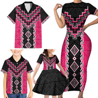 Pink Niho Taniwha Mix Poutama Family Matching Short Sleeve Bodycon Dress and Hawaiian Shirt Unique Taniko Aotearoa LT01 - Polynesian Pride