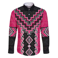 Pink Niho Taniwha Mix Poutama Family Matching Short Sleeve Bodycon Dress and Hawaiian Shirt Unique Taniko Aotearoa LT01 Dad's Shirt - Long Sleeve Pink - Polynesian Pride