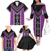 Purple Niho Taniwha Mix Poutama Family Matching Off The Shoulder Long Sleeve Dress and Hawaiian Shirt Unique Taniko Aotearoa LT01 - Polynesian Pride