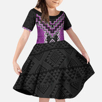 Purple Niho Taniwha Mix Poutama Family Matching Off Shoulder Maxi Dress and Hawaiian Shirt Unique Taniko Aotearoa LT01 Daughter's Dress Purple - Polynesian Pride