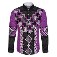 Purple Niho Taniwha Mix Poutama Family Matching Off Shoulder Short Dress and Hawaiian Shirt Unique Taniko Aotearoa LT01 Dad's Shirt - Long Sleeve Purple - Polynesian Pride