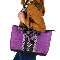 Purple Niho Taniwha Mix Poutama Leather Tote Bag Unique Taniko Aotearoa LT01 Purple - Polynesian Pride