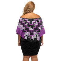 Purple Niho Taniwha Mix Poutama Off Shoulder Short Dress Unique Taniko Aotearoa LT01 - Polynesian Pride
