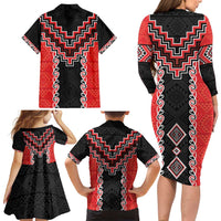 Red Niho Taniwha Mix Poutama Family Matching Long Sleeve Bodycon Dress and Hawaiian Shirt Unique Taniko Aotearoa LT01 - Polynesian Pride