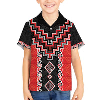 Red Niho Taniwha Mix Poutama Family Matching Off The Shoulder Long Sleeve Dress and Hawaiian Shirt Unique Taniko Aotearoa LT01 Son's Shirt Red - Polynesian Pride
