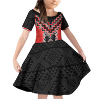 Red Niho Taniwha Mix Poutama Family Matching Off Shoulder Short Dress and Hawaiian Shirt Unique Taniko Aotearoa LT01 Daughter's Dress Red - Polynesian Pride