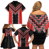 Red Niho Taniwha Mix Poutama Family Matching Off Shoulder Short Dress and Hawaiian Shirt Unique Taniko Aotearoa LT01 - Polynesian Pride