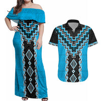 Sky Blue Niho Taniwha Mix Poutama Couples Matching Off Shoulder Maxi Dress and Hawaiian Shirt Unique Taniko Aotearoa
