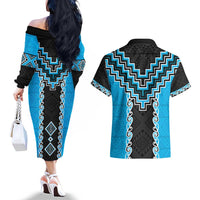 Sky Blue Niho Taniwha Mix Poutama Couples Matching Off The Shoulder Long Sleeve Dress and Hawaiian Shirt Unique Taniko Aotearoa