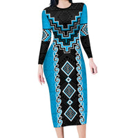 Sky Blue Niho Taniwha Mix Poutama Family Matching Long Sleeve Bodycon Dress and Hawaiian Shirt Unique Taniko Aotearoa LT01 Mom's Dress Sky Blue - Polynesian Pride