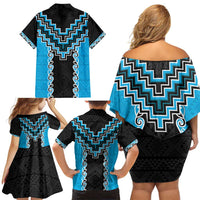 Sky Blue Niho Taniwha Mix Poutama Family Matching Off Shoulder Short Dress and Hawaiian Shirt Unique Taniko Aotearoa LT01 - Polynesian Pride