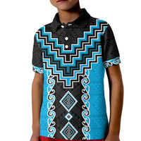 Sky Blue Niho Taniwha Mix Poutama Kid Polo Shirt Unique Taniko Aotearoa