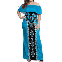 Sky Blue Niho Taniwha Mix Poutama Off Shoulder Maxi Dress Unique Taniko Aotearoa