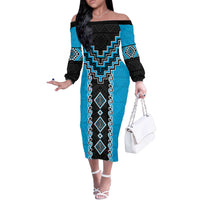 Sky Blue Niho Taniwha Mix Poutama Off The Shoulder Long Sleeve Dress Unique Taniko Aotearoa
