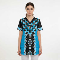 Sky Blue Niho Taniwha Mix Poutama Scrub Top Unique Taniko Aotearoa - Polynesian Pride