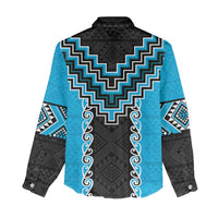 Sky Blue Niho Taniwha Mix Poutama Women Casual Shirt Unique Taniko Aotearoa