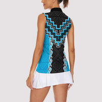 Sky Blue Niho Taniwha Mix Poutama Women Sleeveless Polo Shirt Unique Taniko Aotearoa