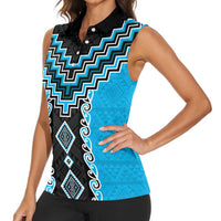 Sky Blue Niho Taniwha Mix Poutama Women Sleeveless Polo Shirt Unique Taniko Aotearoa