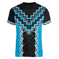 Sky Blue Niho Taniwha Mix Poutama Women V-Neck T-Shirt Unique Taniko Aotearoa