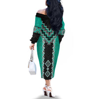 Teal Niho Taniwha Mix Poutama Family Matching Off The Shoulder Long Sleeve Dress and Hawaiian Shirt Unique Taniko Aotearoa LT01 - Polynesian Pride