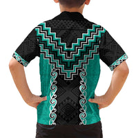 Teal Niho Taniwha Mix Poutama Family Matching Off Shoulder Short Dress and Hawaiian Shirt Unique Taniko Aotearoa LT01 - Polynesian Pride