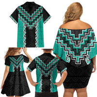 Teal Niho Taniwha Mix Poutama Family Matching Off Shoulder Short Dress and Hawaiian Shirt Unique Taniko Aotearoa LT01 - Polynesian Pride