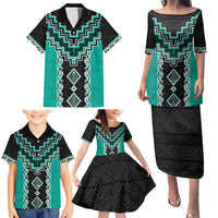 Teal Niho Taniwha Mix Poutama Family Matching Puletasi and Hawaiian Shirt Unique Taniko Aotearoa