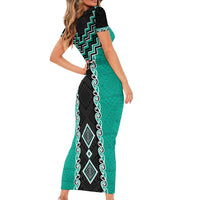 Teal Niho Taniwha Mix Poutama Family Matching Short Sleeve Bodycon Dress and Hawaiian Shirt Unique Taniko Aotearoa LT01 - Polynesian Pride