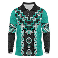 Teal Niho Taniwha Mix Poutama Long Sleeve Polo Shirt Unique Taniko Aotearoa