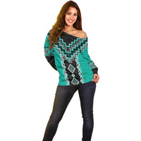 Teal Niho Taniwha Mix Poutama Off Shoulder Sweater Unique Taniko Aotearoa
