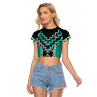 Teal Niho Taniwha Mix Poutama Raglan Cropped T Shirt Unique Taniko Aotearoa