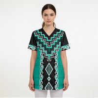 Teal Niho Taniwha Mix Poutama Scrub Top Unique Taniko Aotearoa - Polynesian Pride