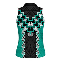 Teal Niho Taniwha Mix Poutama Women Sleeveless Polo Shirt Unique Taniko Aotearoa
