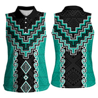 Teal Niho Taniwha Mix Poutama Women Sleeveless Polo Shirt Unique Taniko Aotearoa